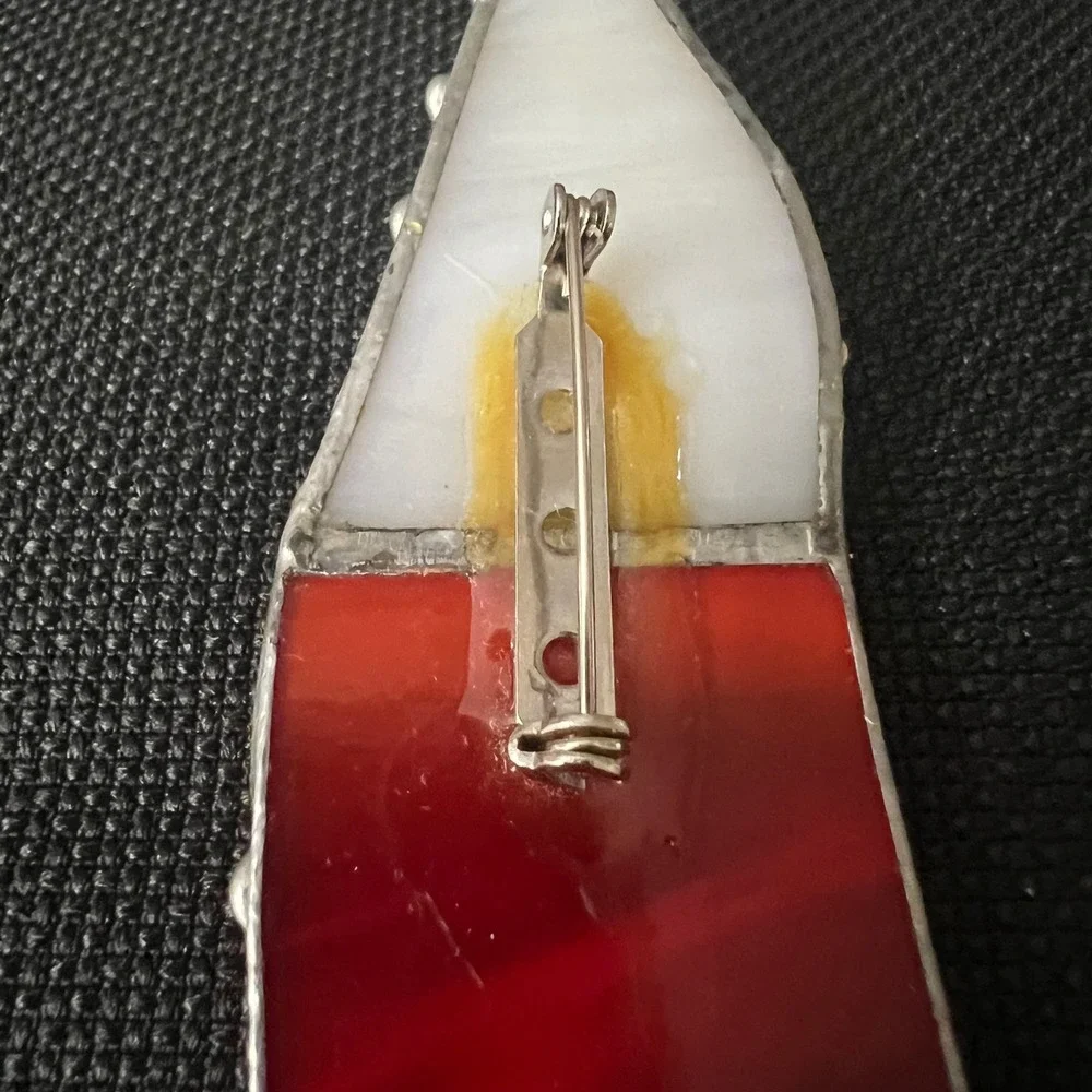 Handmade Stained Glass Brooch Pin Red White Abstract Geometric 3